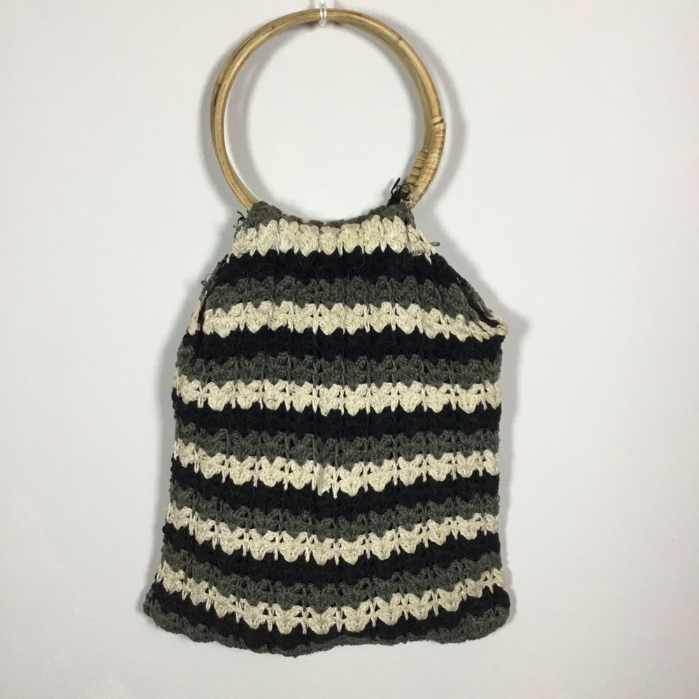 Crochet bag bamboo handle cream black grey stripe reusable sustainable boho